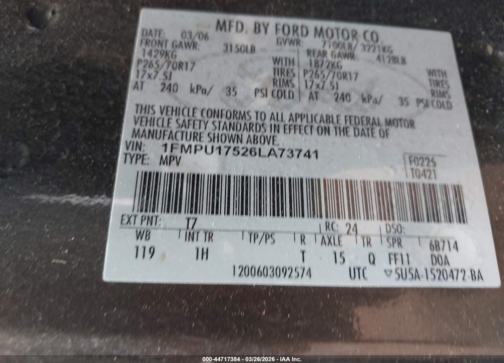 2006 FORD EXPEDITION EDDIE BAUER/KING RANCH VIN: 1FMPU17526LA73741