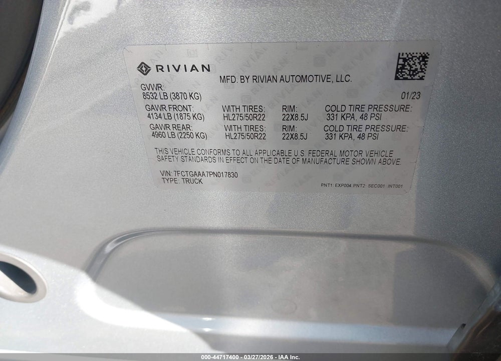2023 RIVIAN R1T ADVENTURE QUAD MOTOR LARGE PACK VIN: 7FCTGAAA7PN017830