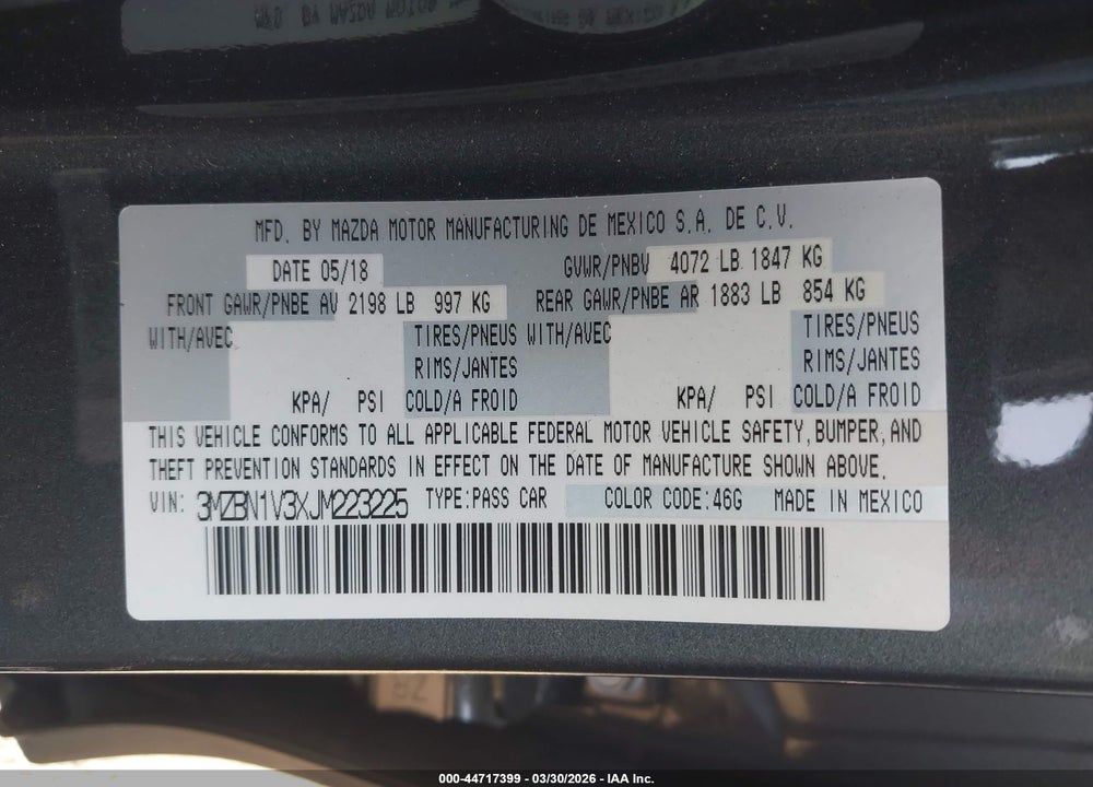 2018 MAZDA 3 TOURING VIN: 3MZBN1V3XJM223225