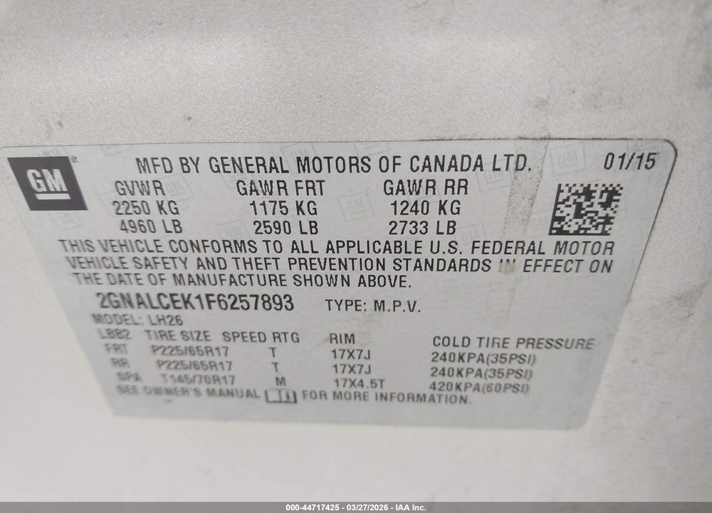2015 CHEVROLET EQUINOX 2LT VIN: 2GNALCEK1F6257893