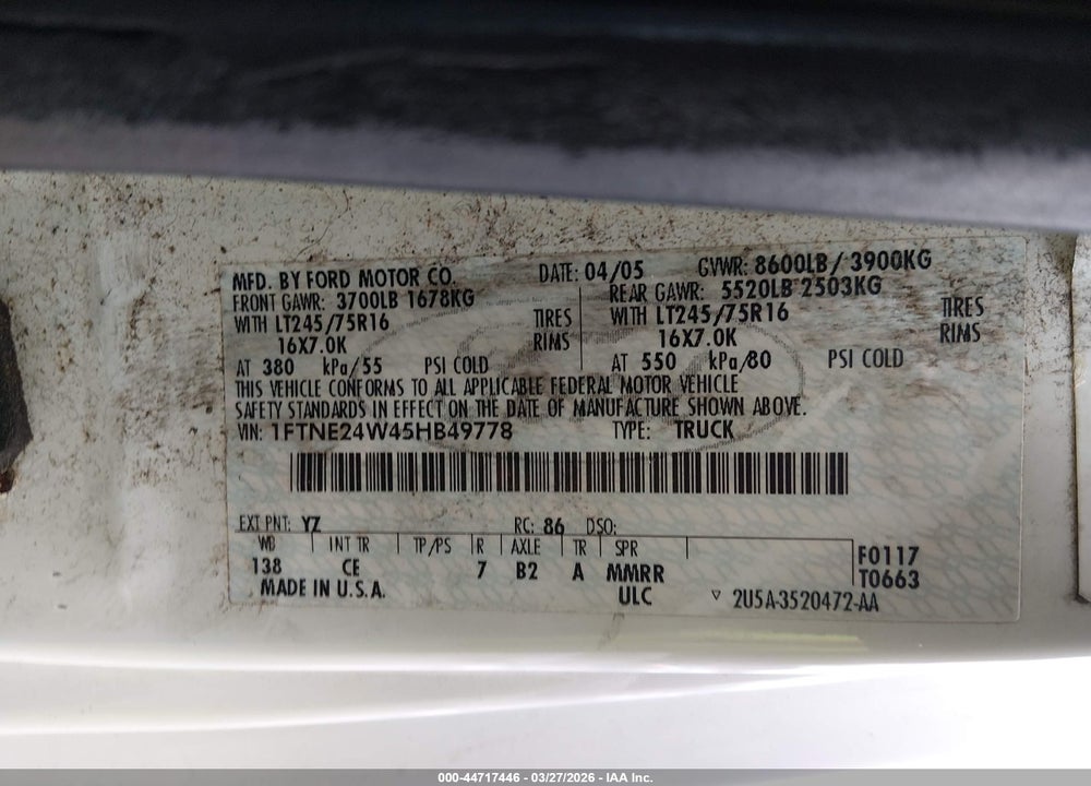 2005 FORD E-250 COMMERCIAL/RECREATIONAL VIN: 1FTNE24W45HB49778