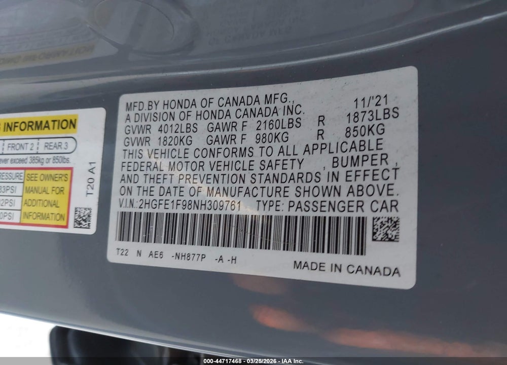 2022 HONDA CIVIC TOURING VIN: 2HGFE1F98NH309761