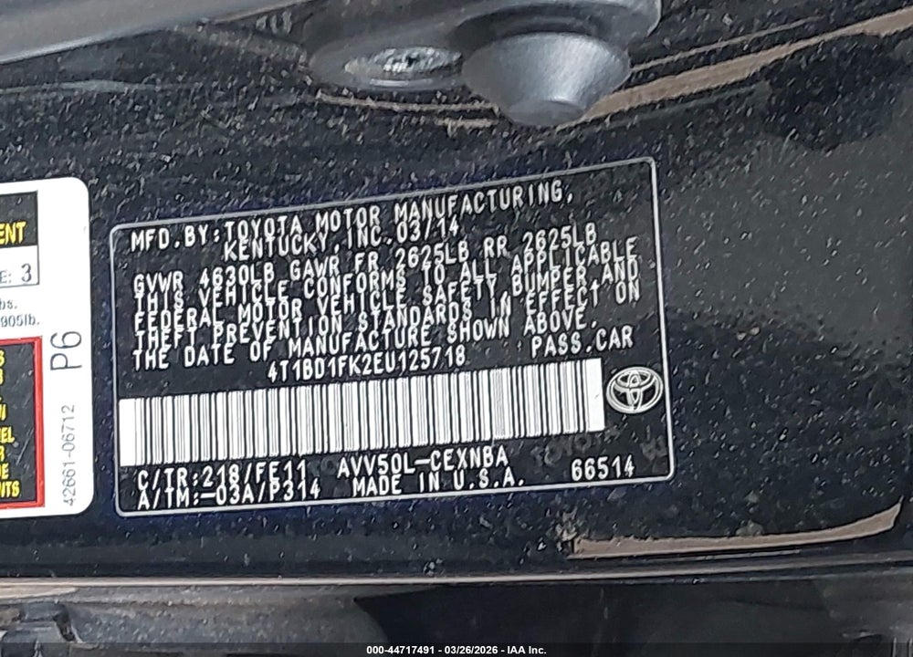 2014 TOYOTA CAMRY HYBRID LE VIN: 4T1BD1FK2EU125718