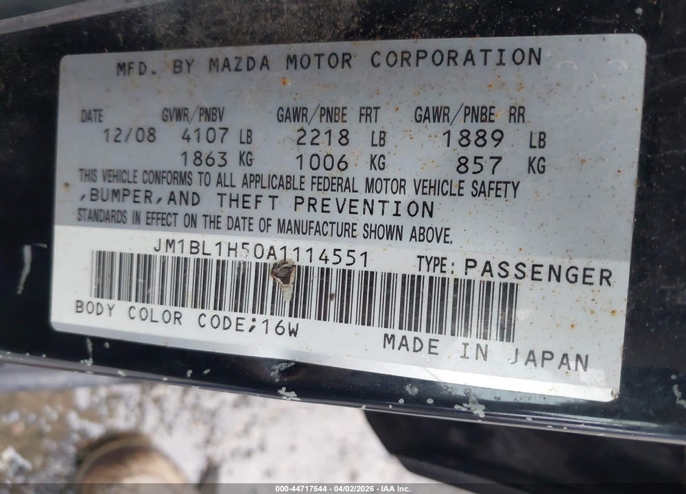 2010 MAZDA 3 VIN: JM1BL1H50A1114551