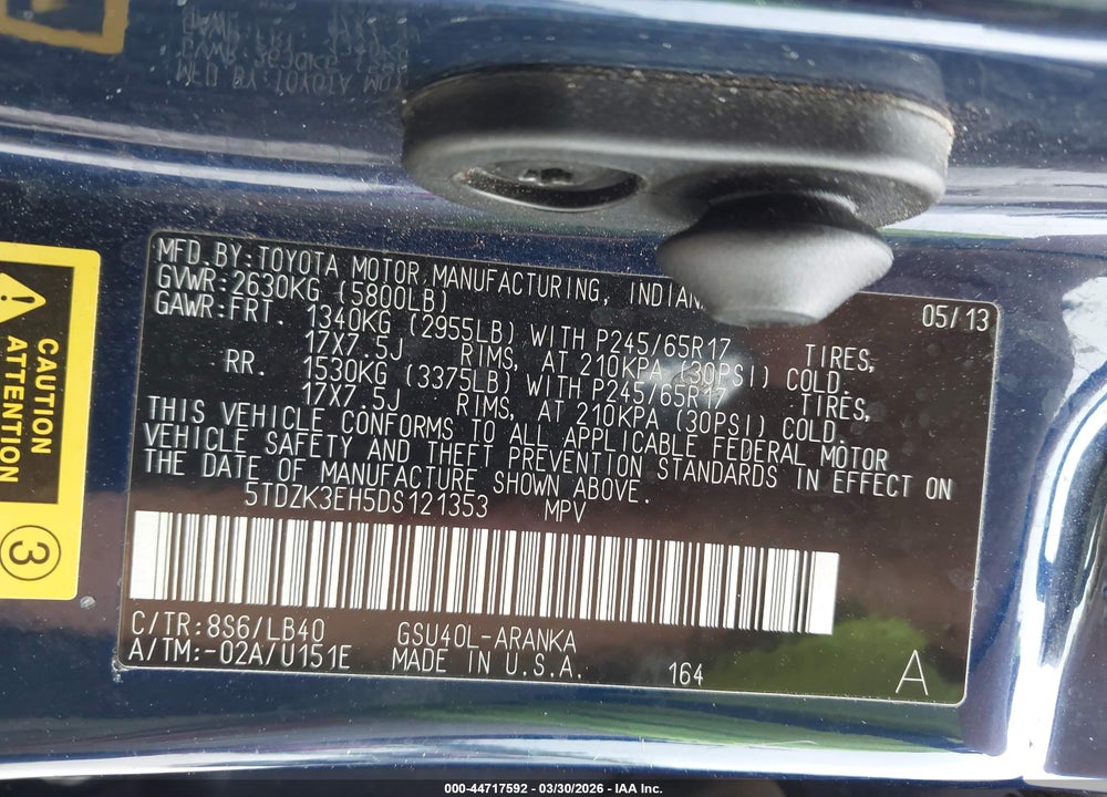 2013 TOYOTA HIGHLANDER SE V6 VIN: 5TDZK3EH5DS121353