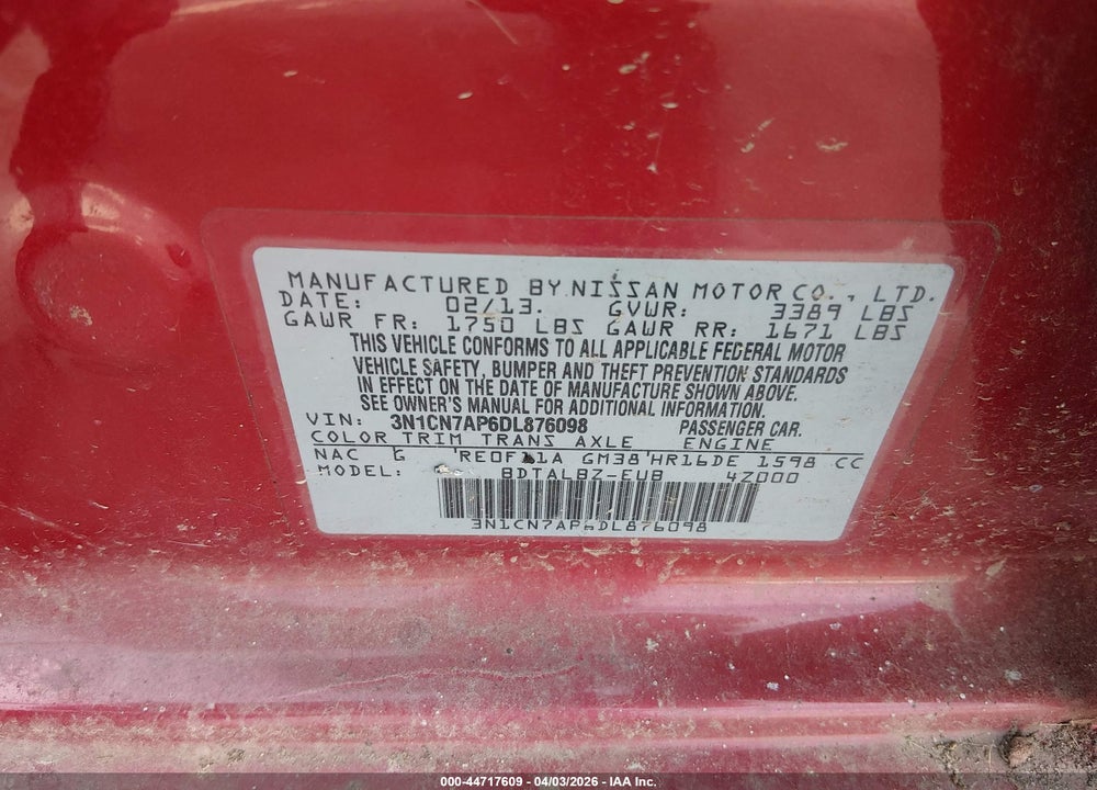 2013 NISSAN VERSA 1.6 SV VIN: 3N1CN7AP6DL876098