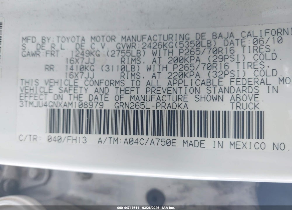 2010 TOYOTA TACOMA PRERUNNER V6 VIN: 3TMJU4GNXAM108979