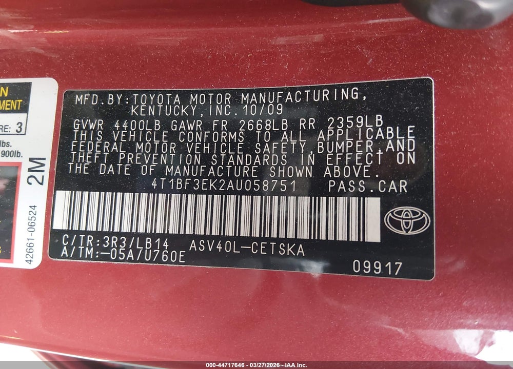 2010 TOYOTA CAMRY SE VIN: 4T1BF3EK2AU058751