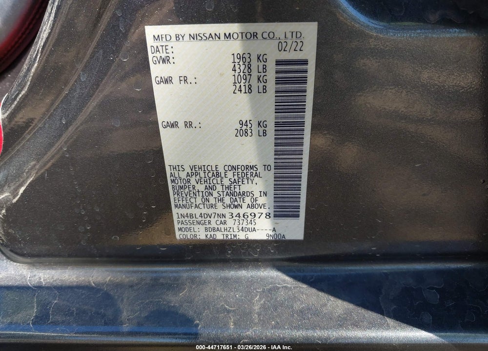 2022 NISSAN ALTIMA SV FWD VIN: 1N4BL4DV7NN346978