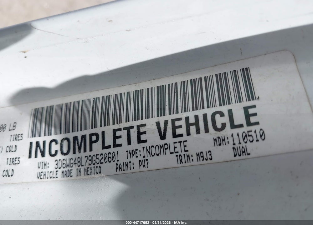 2009 DODGE RAM 3500 HD CHASSIS ST/SLT/LARAMIE VIN: 3D6WG48L79G520601