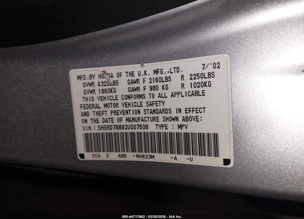 2002 HONDA CR-V EX VIN: SHSRD78892U007508