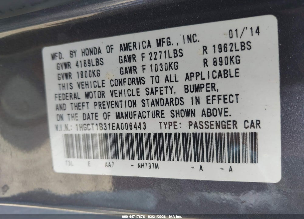 2014 HONDA ACCORD LX-S VIN: 1HGCT1B31EA006443