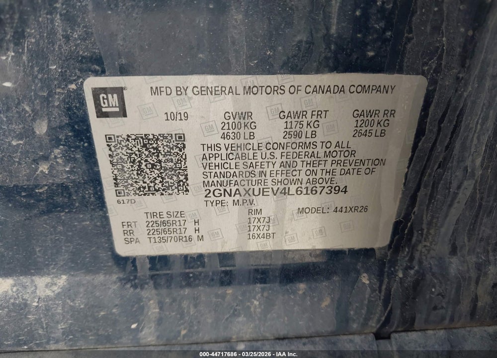 2020 CHEVROLET EQUINOX AWD LT 1.5L TURBO VIN: 2GNAXUEV4L6167394