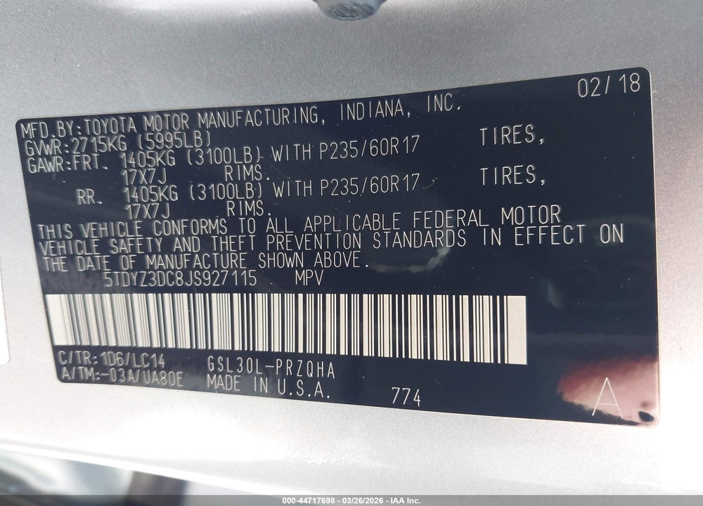 2018 TOYOTA SIENNA XLE 8 PASSENGER VIN: 5TDYZ3DC8JS927115