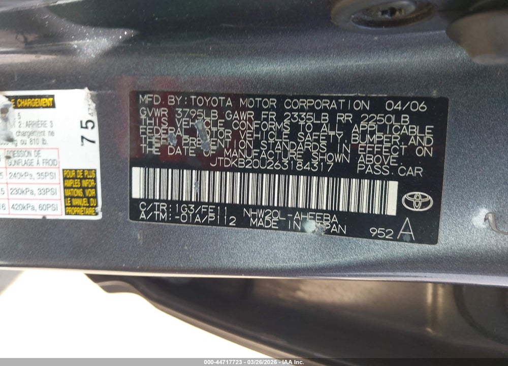 2006 TOYOTA PRIUS VIN: JTDKB20U263184317