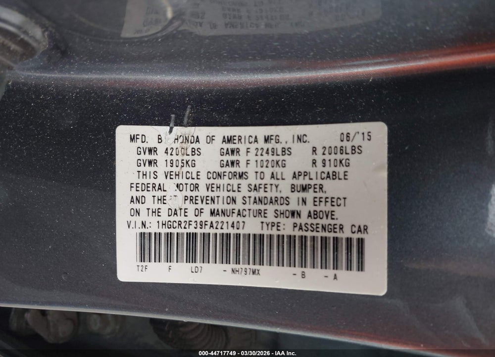 2015 HONDA ACCORD LX VIN: 1HGCR2F39FA221407