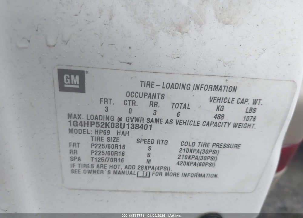 2003 BUICK LESABRE CUSTOM VIN: 1G4HP52K03U138401