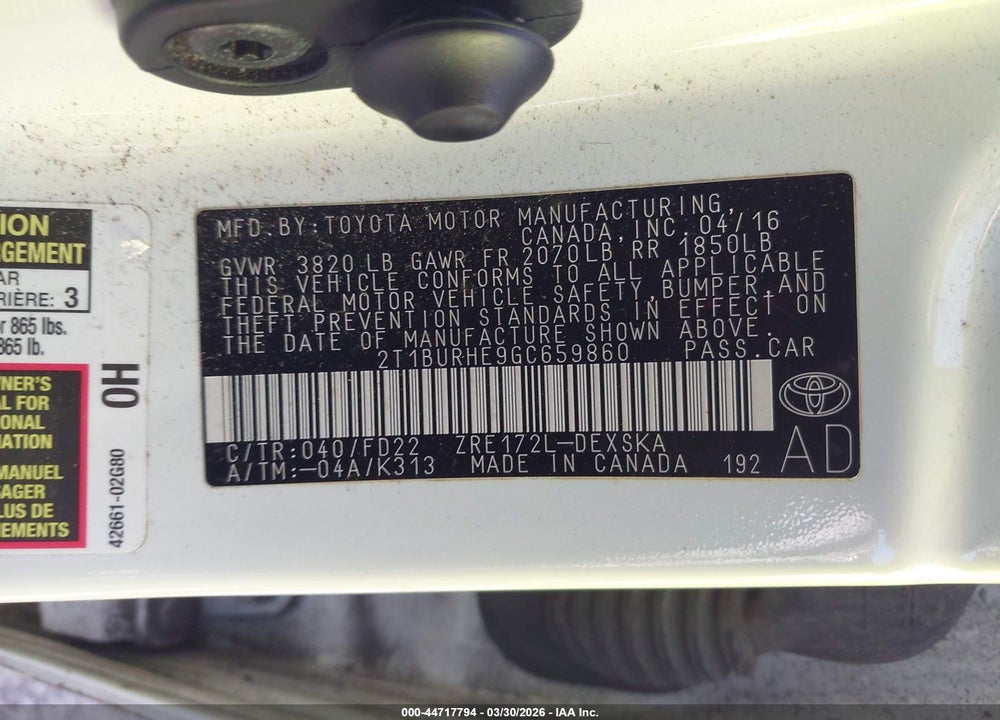 2016 TOYOTA COROLLA S PLUS VIN: 2T1BURHE9GC659860