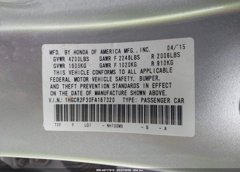 2015 HONDA ACCORD LX VIN: 1HGCR2F30FA167320