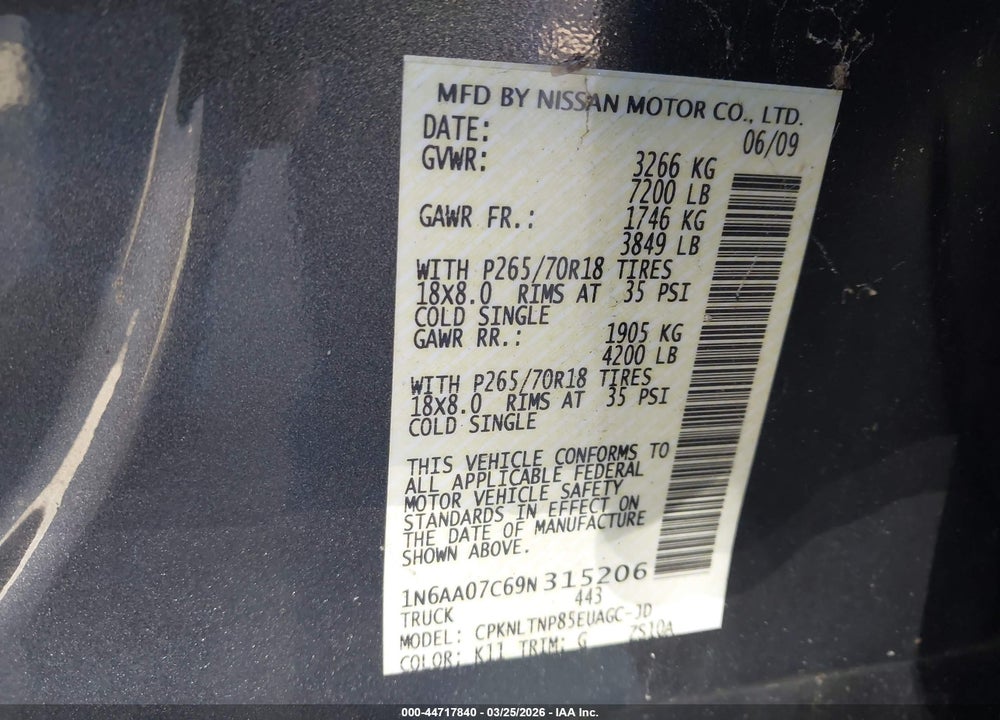 2009 NISSAN TITAN SE VIN: 1N6AA07C69N315206