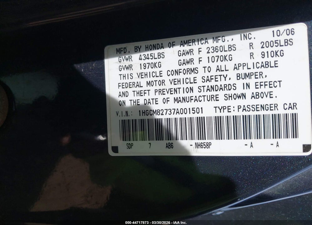 2007 HONDA ACCORD 3.0 EX VIN: 1HGCM82737A001501
