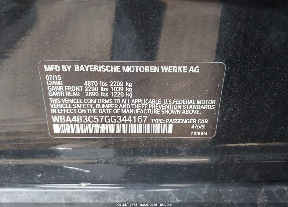 2016 BMW 4 SERIES VIN: WBA4B3C57GG344167