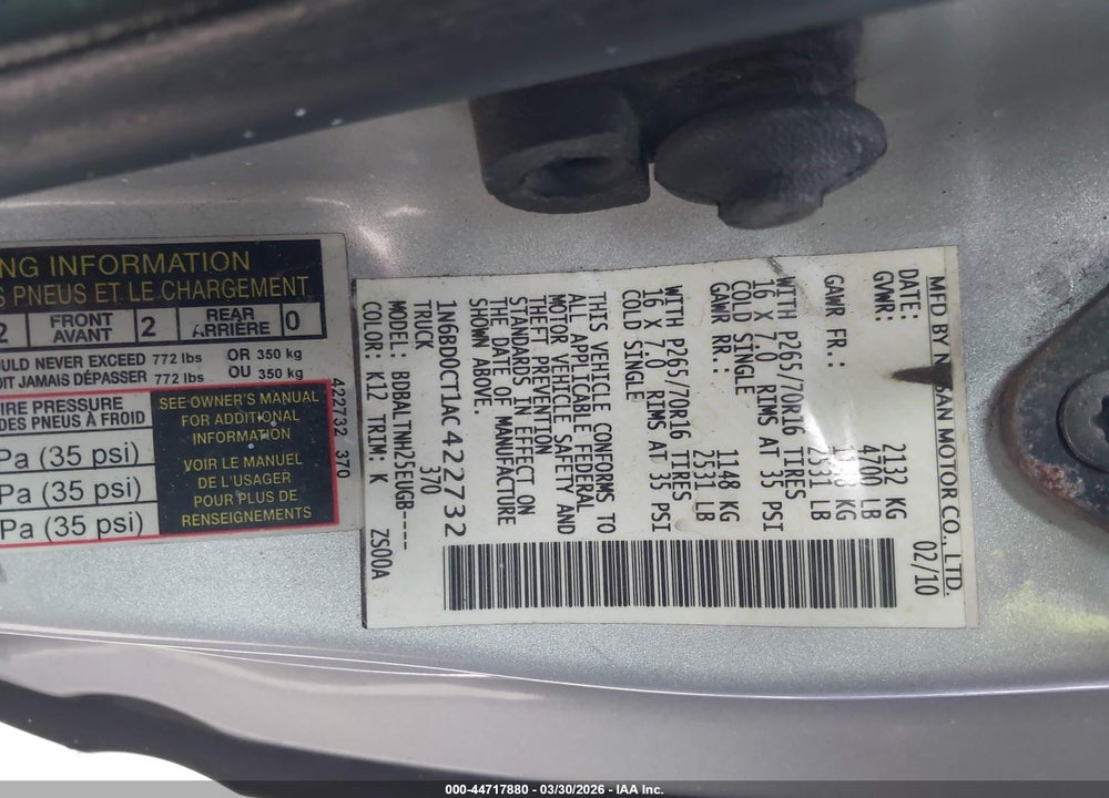2010 NISSAN FRONTIER SE-I4 VIN: 1N6BD0CT1AC422732