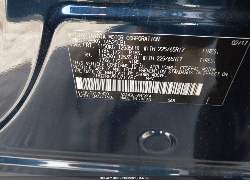 2017 TOYOTA RAV4 LE VIN: JTMZFREV9HJ711667