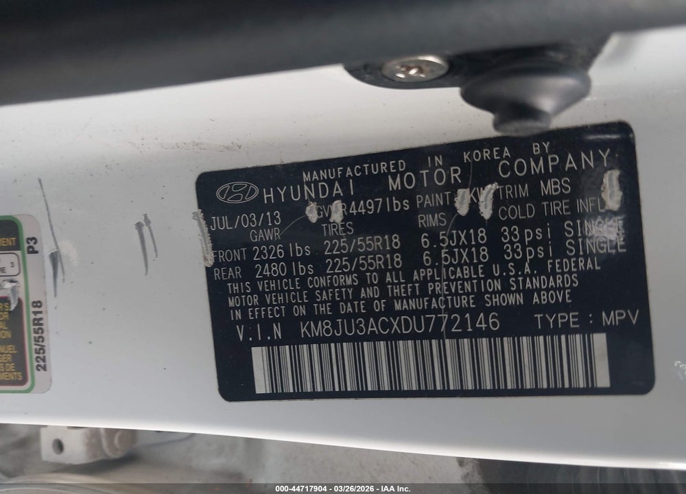 2013 HYUNDAI TUCSON LIMITED VIN: KM8JU3ACXDU772146