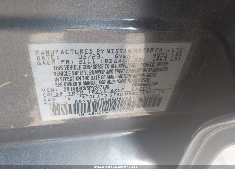 2023 NISSAN SENTRA SV XTRONIC CVT VIN: 3N1AB8CV6PY287190