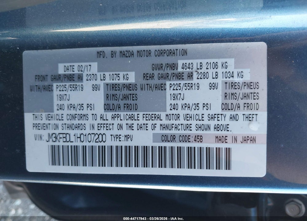 2017 MAZDA CX-5 GRAND TOURING VIN: JM3KFBDL1H0107200
