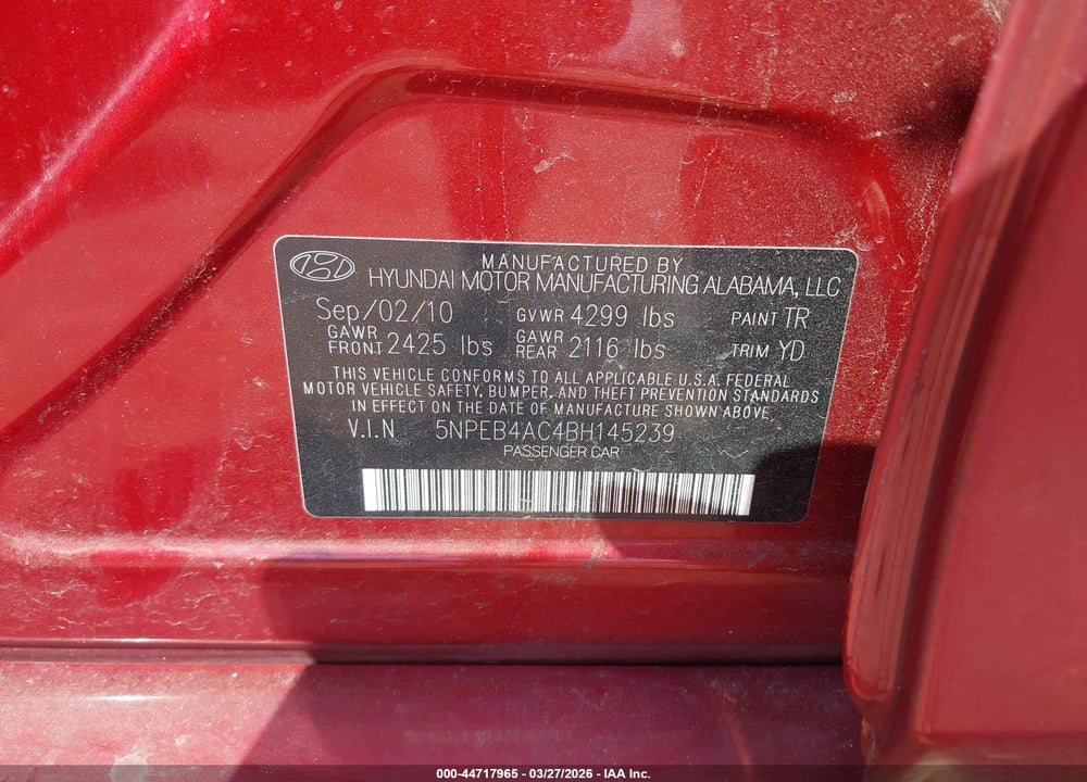 2011 HYUNDAI SONATA GLS VIN: 5NPEB4AC4BH145239