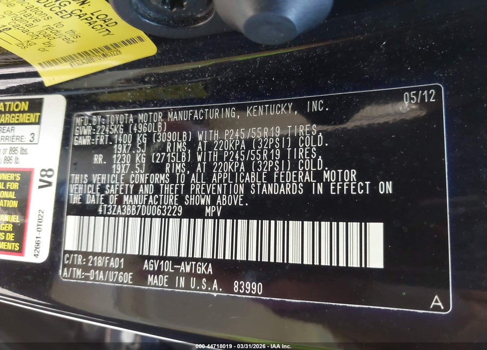 2013 TOYOTA VENZA LE VIN: 4T3ZA3BB7DU063229