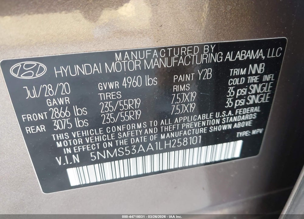 2020 HYUNDAI SANTA FE LIMITED 2.0T VIN: 5NMS53AA1LH258101