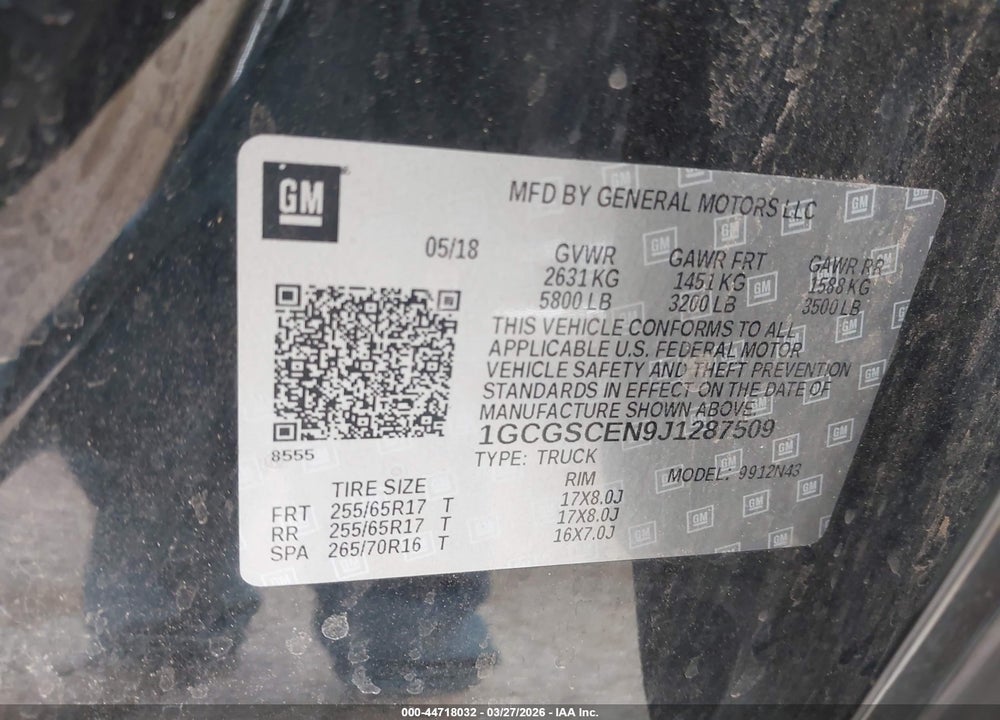 2018 CHEVROLET COLORADO LT VIN: 1GCGSCEN9J1287509