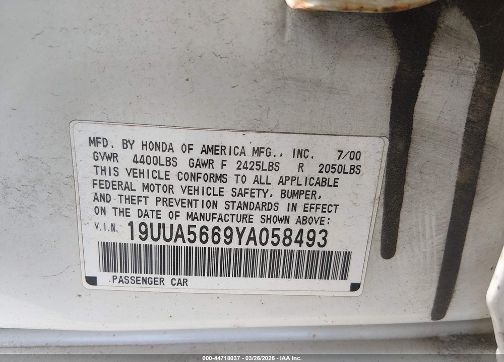 2000 ACURA TL 3.2 VIN: 19UUA5669YA058493