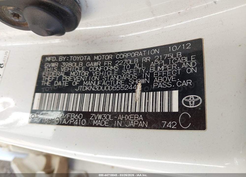 2013 TOYOTA PRIUS TWO VIN: JTDKN3DU0D5552440