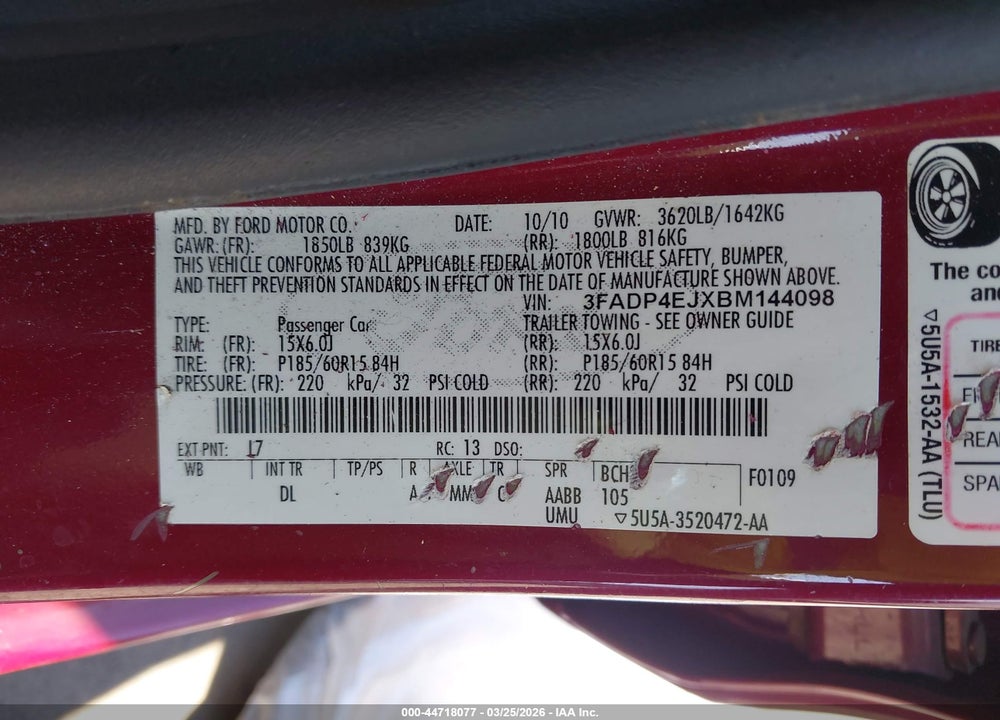 2011 FORD FIESTA SE VIN: 3FADP4EJXBM144098