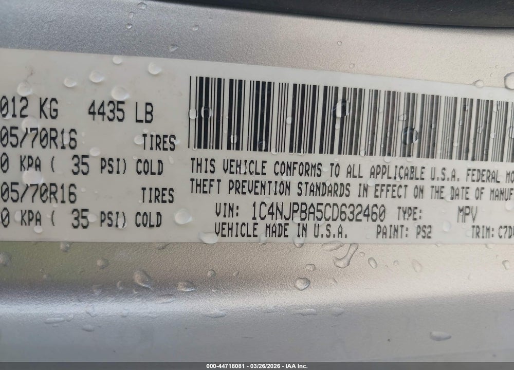 2012 JEEP PATRIOT SPORT VIN: 1C4NJPBA5CD632460