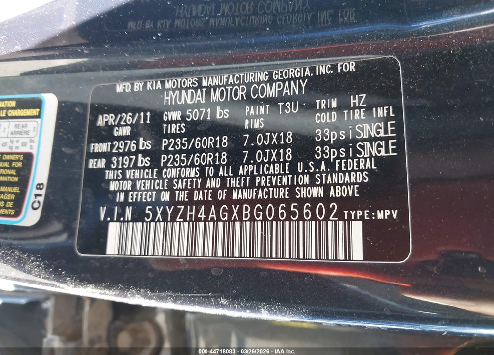 2011 HYUNDAI SANTA FE SE VIN: 5XYZH4AGXBG065602
