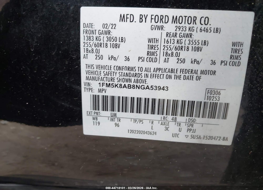 2022 FORD POLICE INTERCEPTOR UTILITY VIN: 1FM5K8AB8NGA53943