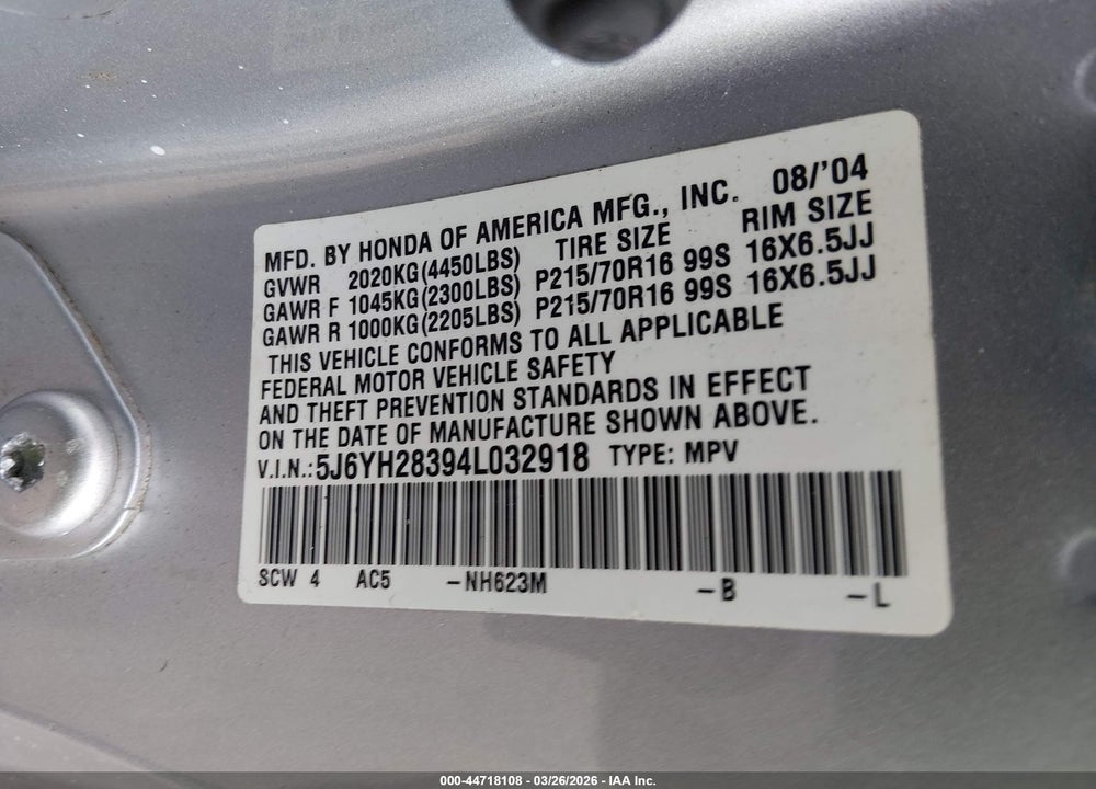 2004 HONDA ELEMENT LX VIN: 5J6YH28394L032918
