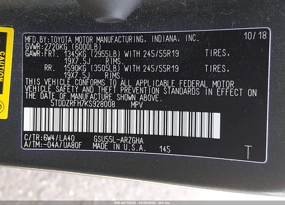 2019 TOYOTA HIGHLANDER LIMITED PLATINUM VIN: 5TDDZRFH7KS928008