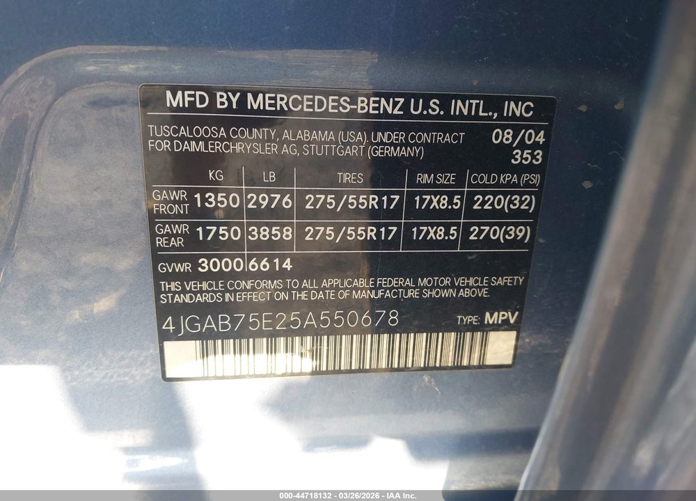2005 MERCEDES-BENZ ML 500 4MATIC VIN: 4JGAB75E25A550678