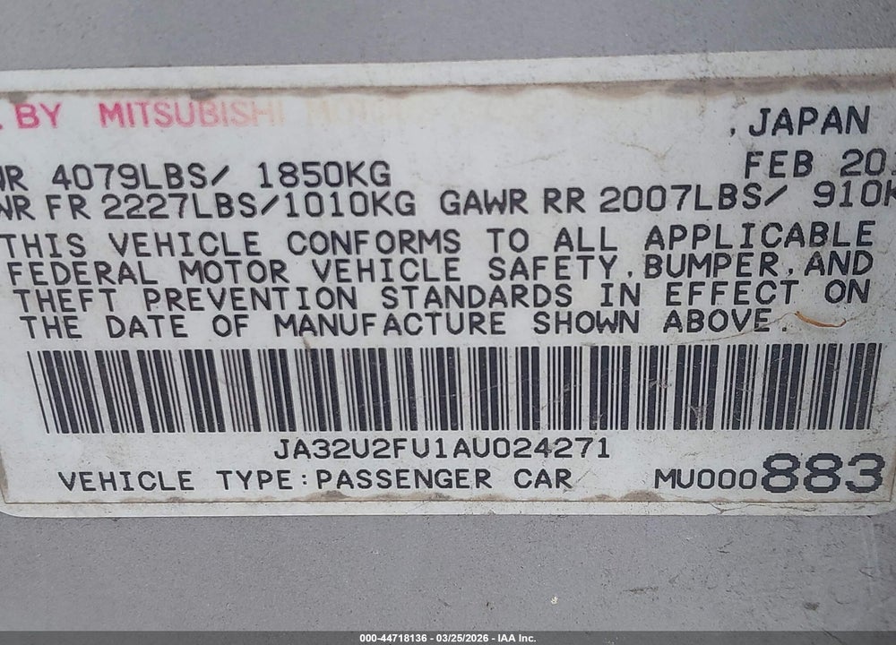 2010 MITSUBISHI LANCER ES VIN: JA32U2FU1AU024271