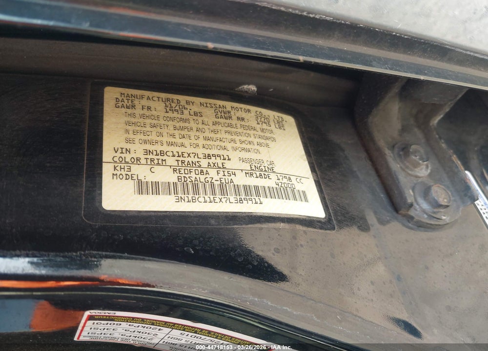 2007 NISSAN VERSA 1.8SL VIN: 3N1BC11EX7L389911