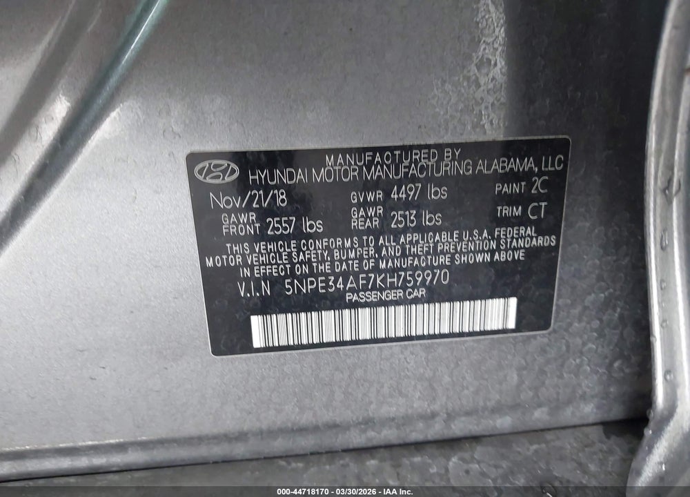 2019 HYUNDAI SONATA SPORT VIN: 5NPE34AF7KH759970