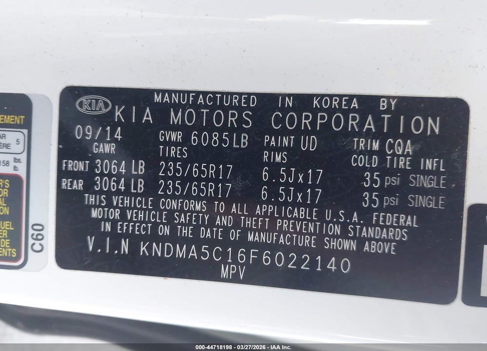2015 KIA SEDONA L VIN: KNDMA5C16F6022140