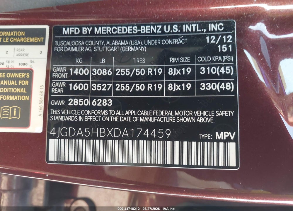 2013 MERCEDES-BENZ ML 350 4MATIC VIN: 4JGDA5HBXDA174459
