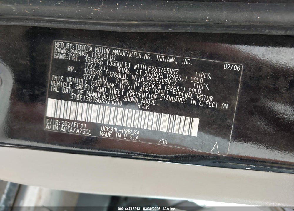 2006 TOYOTA TUNDRA LIMITED V8 VIN: 5TBET38156S523038